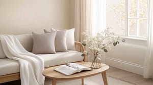 Minimalist living room with light wooden framed sofa, cream cushions, white throw blanket, and round coffee table holding open book and vase of delicate flowers by large window.