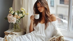 A woman in a white off-shoulder dress sits by a window, holding a cup of coffee. She appears relaxed, with long hair cascading over one shoulder. Next to her is a vase of yellow and white flowers. The scene is calm and cozy.
