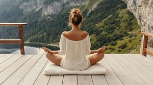 A woman meditating in lotus position on a wooden deck overlooking majestic mountains and a tranquil lake. She wears a flowing white off-shoulder top with her hair in a casual updo. The serene natural backdrop of dramatic cliffs and lush mountainsides embodies mindful presence, intentional living, and wellness rituals.
