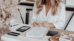 A woman in a crisp white blouse sits at an organized desk with dried florals in soft neutral tones. She's writing in a planner beside a calculator, smartphone, and leather-bound notebook. The aesthetic embodies intentional productivity and elegant organization for financial wellness and mindful planning in a serene, minimalist workspace.