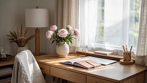 A cozy home office with a wooden desk, open notebooks, a closed laptop, and a vase of pink flowers embraces simple living. Sunlight streams in through sheer curtains, creating a warm and inviting space perfect for fulfilling work.