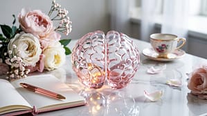 A crystal brain model sits centered on white marble, surrounded by blush peonies, white roses, and baby's breath. Morning light creates a soft glow, illuminating the brain. Nearby rests an open pink leather gratitude journal with gold edges and elegant handwriting, alongside a rose gold pen. The feminine aesthetic features soft pinks, whites, and gold accents in ethereal lighting, visually representing the neuroscience of gratitude practice.