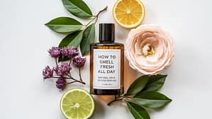 A brown bottle labeled How to Smell Fresh All Day is surrounded by green leaves, a pink flower, purple blossoms, and halved lemon and lime&mdash;highlighting natural ways to smell fresh on a crisp white background.
