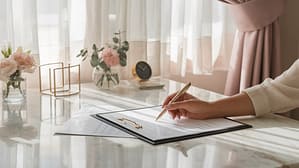 A sophisticated home office with a marble desk featuring a woman's manicured hand holding a stylish pen over financial documents. Natural light streams through sheer curtains, creating a bright but soft atmosphere. A small vase with fresh flowers and a minimalist gold desk clock add refined touches to the scene. The color palette features cream, soft gray, and hints of blush.