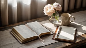 An open Bible, a notebook with a pen, a mug, and a vase of light pink flowers are arranged on a wooden table with sunlight streaming through nearby curtains, perfect for reflection or jotting down bible-based prayer examples.