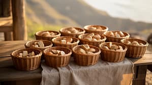 Wicker baskets filled with bread rolls are arranged on a wooden table covered with a cloth, highlighting sustainability and mindful enjoyment to help reduce food waste, with a blurred outdoor landscape in the background.