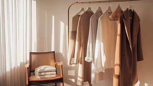 Picture This: A serene, sunlit dressing area featuring a curated clothing rack with 10-12 high-quality garments in complementary neutral tones. A stunning camel coat, crisp white button-down, and perfect-fitting jeans hang alongside a few carefully selected accessories. A wooden chair holds a neatly folded cashmere sweater, with natural light streaming through sheer curtains creating a warm, inviting glow.