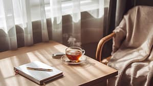 Picture This: A serene morning scene with soft natural light streaming through sheer curtains onto a wooden desk with a journal, elegant pen, and steaming cup of tea. A comfortable chair draped with a soft neutral throw blanket sits nearby. The scene evokes a sense of intentional pause and reflection&mdash;the perfect setting for beginning a life realignment practice.