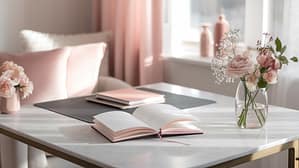 A serene home office space bathed in gentle morning light with a journal open on a marble desk. A delicate vase with fresh flowers sits nearby, and the color palette is soft neutrals with hints of blush. The scene evokes a sense of intentional reflection and personal evolution.