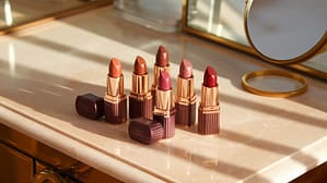 Picture This: A closeup of a luxurious vanity with several elegant lipstick tubes in varying shades of brown, mauve, and terracotta arranged on a cream-colored marble surface. Natural morning light creates soft shadows, with a small gold mirror reflecting the warm tones. The composition suggests refined beauty with minimalist styling.