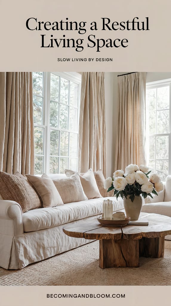 Pinterest pin for creating a restful living space through slow living principles