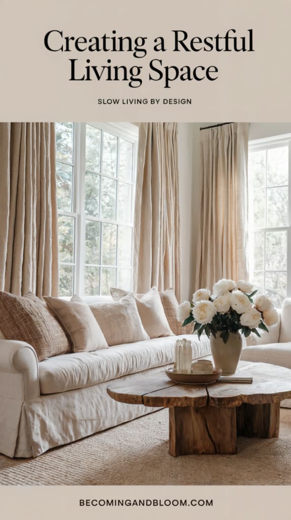 Pinterest pin for creating a restful living space through slow living principles