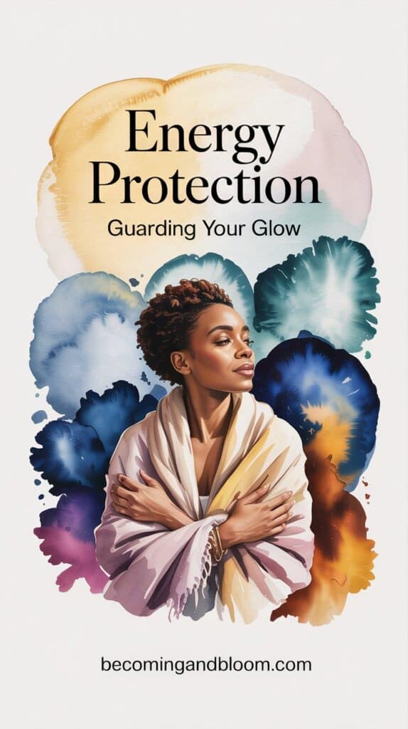 A serene woman with short curly hair, wrapped in a shawl, stands with arms crossed over her chest. Surrounded by glowing watercolor splashes, she radiates peace. Text reads: Energy Protection—Guarding Your Glow. becomingandbloom.com.