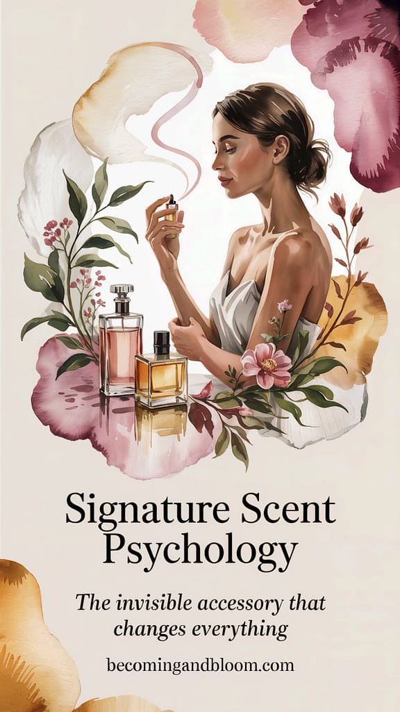 A woman in a white dress holds a perfume bottle, surrounded by illustrated flowers and perfume bottles. Text reads: Signature Scent Psychology—the invisible accessory that changes everything. Discover more at becomingandbloom.com.