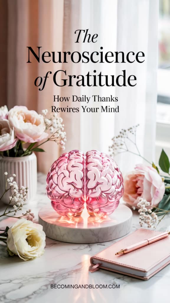 A pink glass brain sculpture sits on a marble table surrounded by flowers, a pink notebook, and a pen. Text above reads: “The Neuroscience of Gratitude: How Gratitude Changes Your Brain.”.