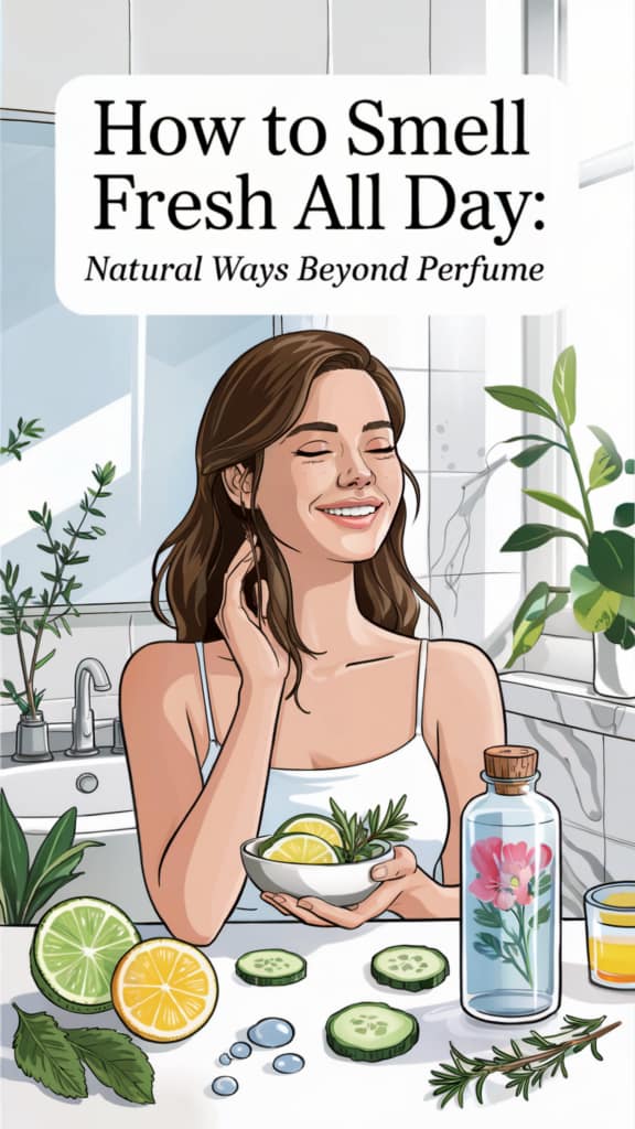 A smiling woman in a bright bathroom holds a bowl of cucumber slices. Surrounded by fresh citrus, herbs, and infused water, she showcases natural ways to smell fresh. The text reads, “How to Smell Fresh All Day: Natural Ways Beyond Perfume.”.