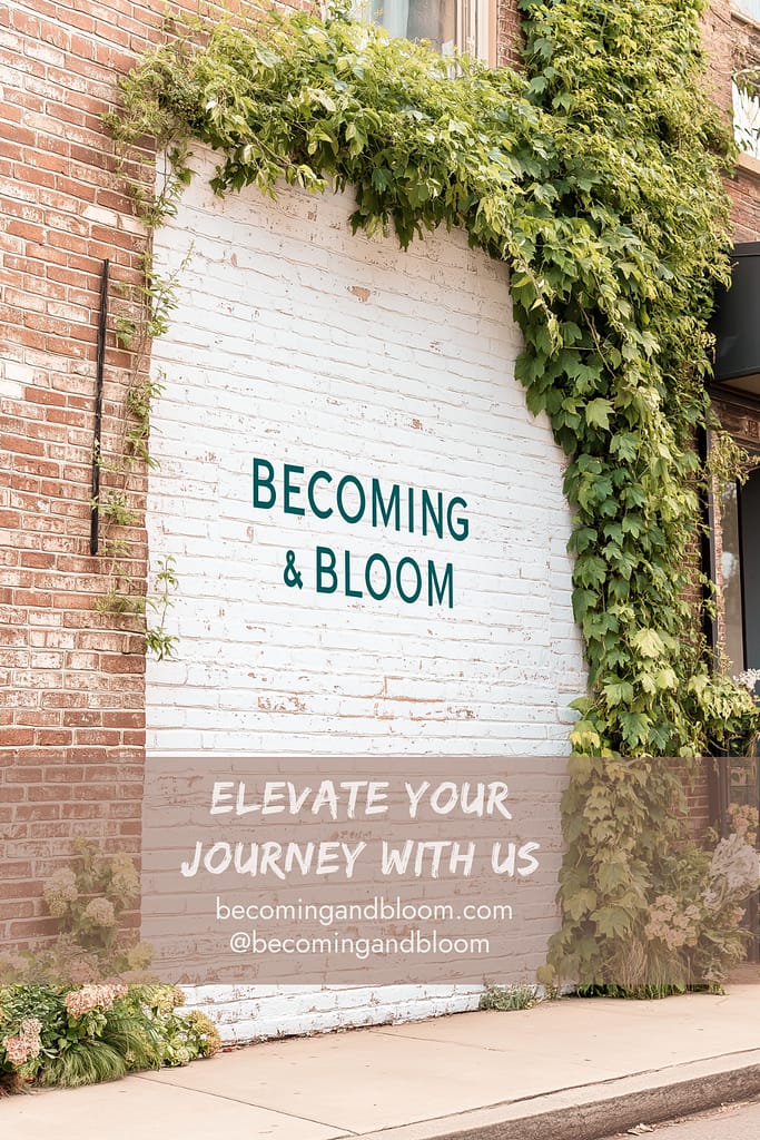 A brick wall with green vines partially covers a white-painted section featuring the text BECOMING & BLOOM in teal. Below, a transparent overlay reads ELEVATE YOUR JOURNEY WITH US. Discover how a peaceful mindset at becomingandbloom.com can transform conflict resolution.