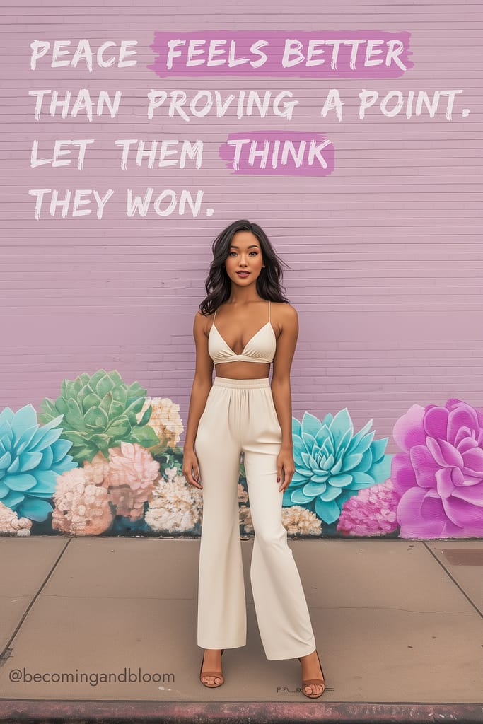 A person in a cream outfit stands before a colorful mural of succulent plants. The text reads, Peace feels better than proving a point. Embrace personal growth and let them think they won.