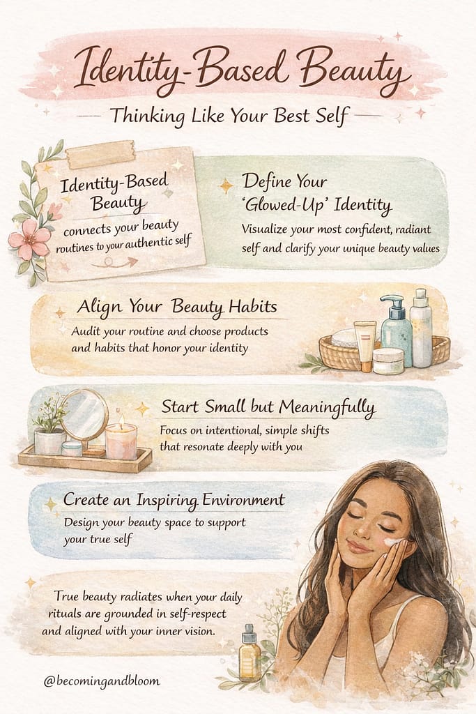 A soft watercolor-style infographic titled Identity-Based Beauty shows flowers, skincare products, and a serene woman touching her face. It lists four steps for embracing identity-based beauty and aligning routines with one's authentic self.