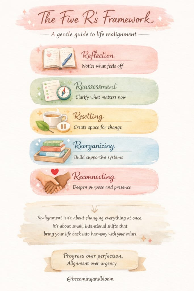 A pastel infographic titled The Five Rs life realignment framework outlines steps for life realignment: Reflection, Reassessment, Resetting, Reorganizing, and Reconnecting, with gentle illustrations and brief descriptions for each step.