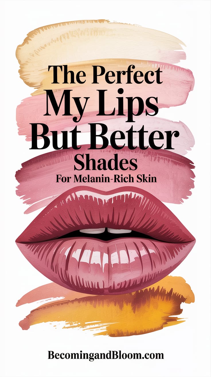 Illustration of lips surrounded by swatches of lip color in warm shades. Text reads: &ldquo;The Perfect MLBB lipstick for melanin-rich skin shades. BecomingandBloom.com.&rdquo;.