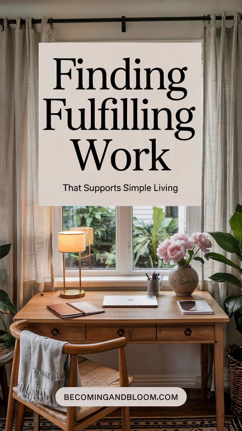 A cozy wooden desk with a lamp, flowers, and notebooks sits by a window with light curtains and greenery outside. Text reads: Fulfilling Work and Simple Living&mdash;discover how at becomingandbloom.com.