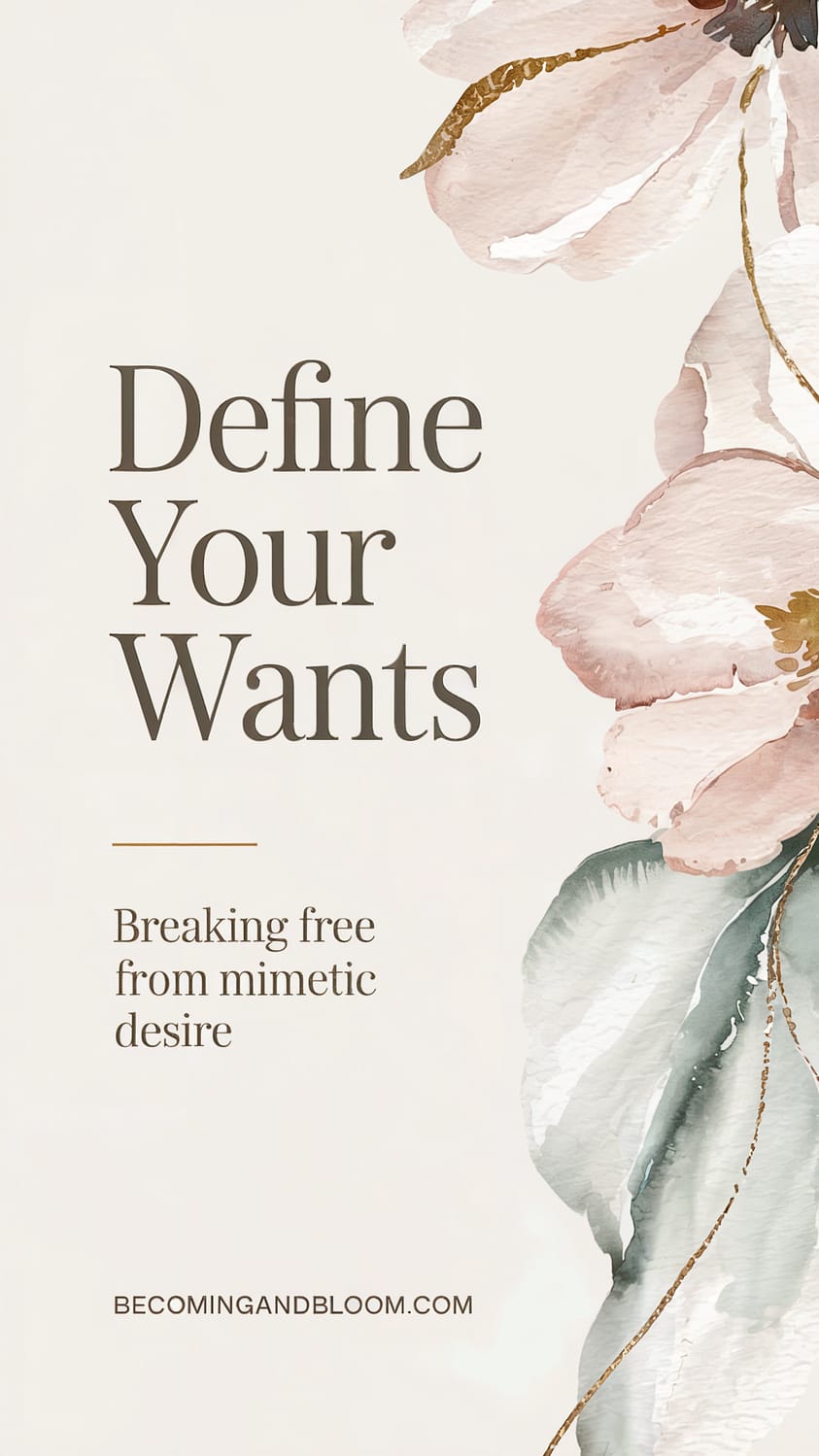 Text on a beige background with delicate watercolor flowers. Large text reads, Define Your Wants. Smaller text explores breaking free from mimetic desire. Website at bottom: becomingandbloom.com.
