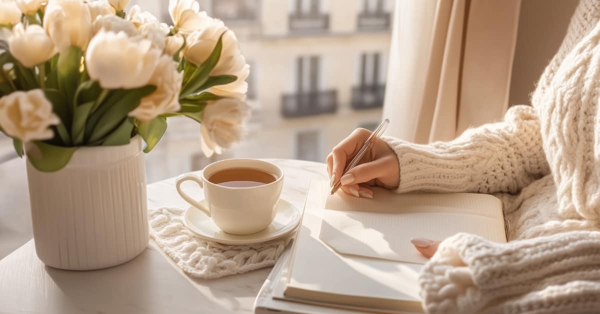 A person wearing a cozy sweater writes in a notebook on a sunlit table. A cup of tea and a vase filled with white flowers sit nearby. Warm light filters through a window, creating a peaceful atmosphere.