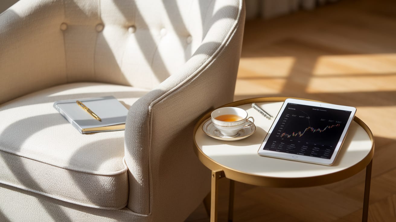 A sophisticated home office with a marble desk featuring a woman's manicured hand holding a stylish pen over financial documents. Natural light streams through sheer curtains, creating a bright but soft atmosphere.