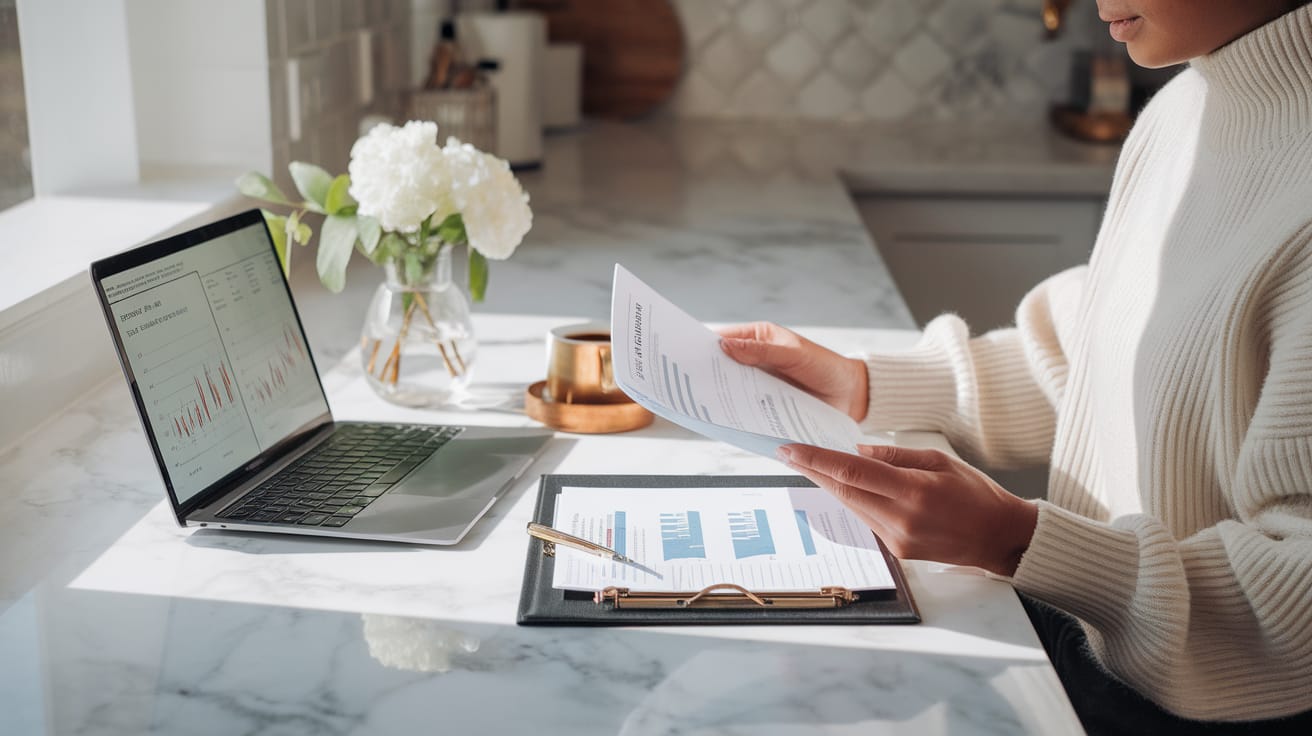 An elegant living room corner with a comfortable cream linen armchair beside a small gold side table. On the table rests a tablet displaying investment charts with upward trends, a delicate porcelain cup of tea, and a small notebook with a gold pen.