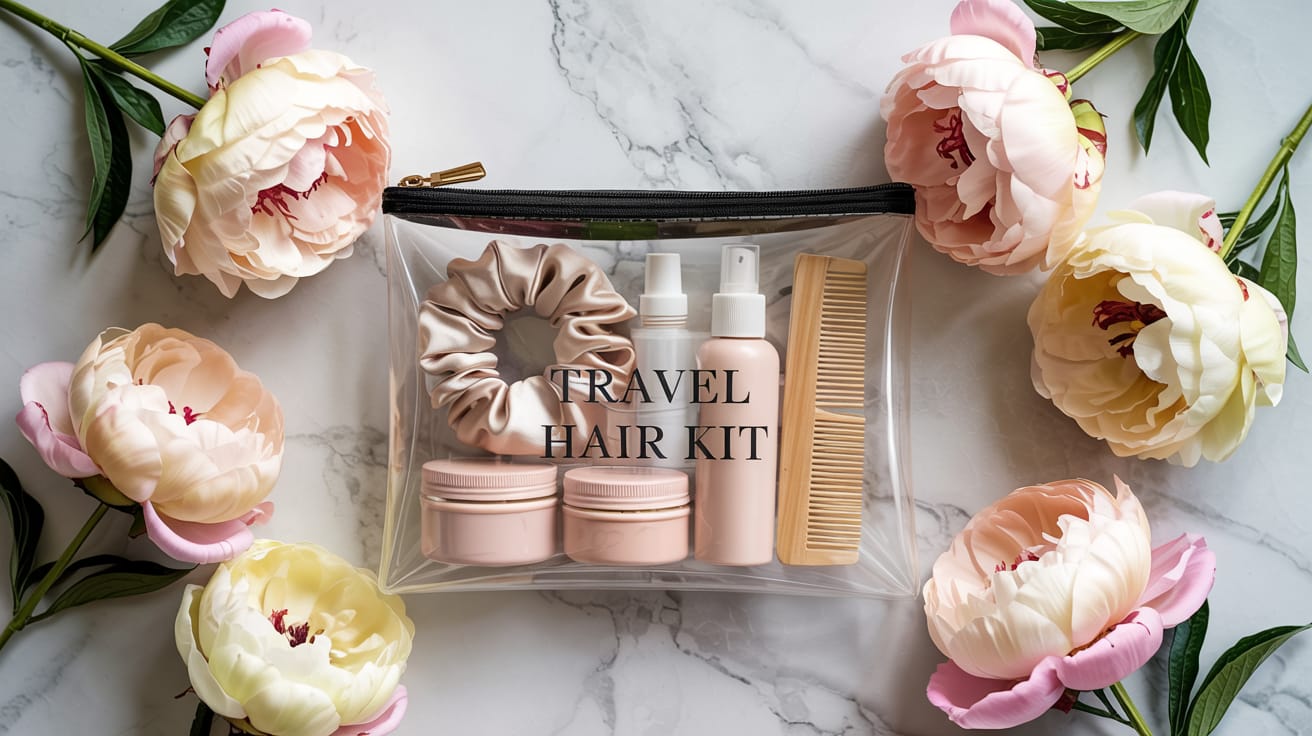 Elegantly arranged travel-sized hair products in a stylish cosmetic bag