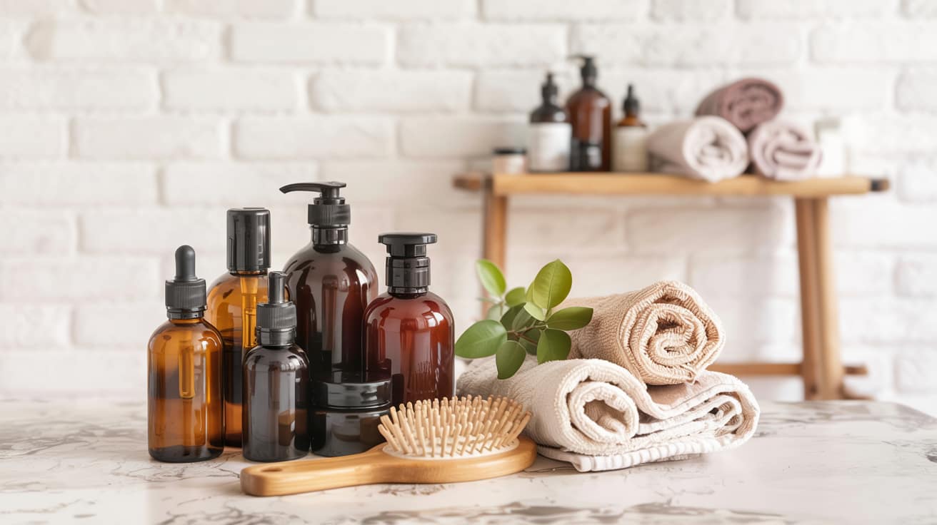 Beautifully organized hair care products displayed on a marble bathroom counter with soft morning light